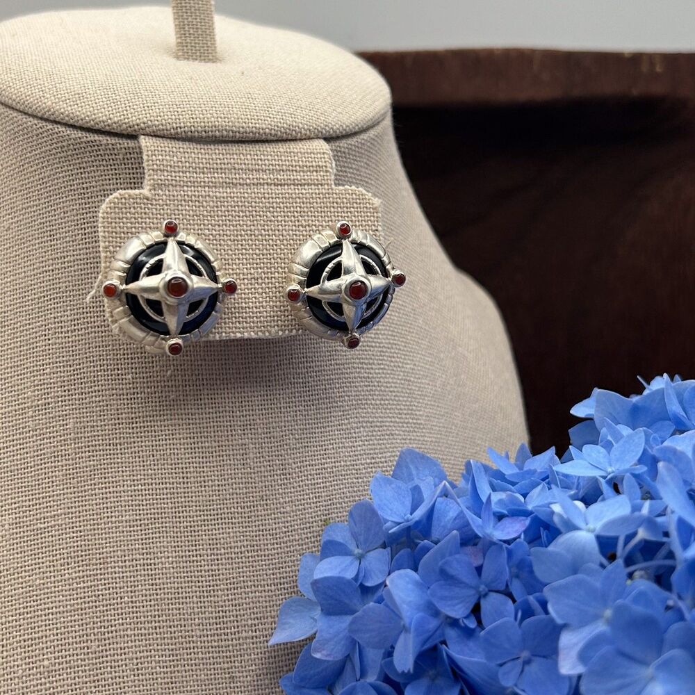 Vintage Sterling Silver Compass Star Modernist Earrings Red Cabochon 925 Post